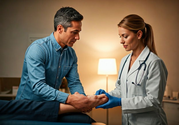 Doctor examining patient for PAD symptoms