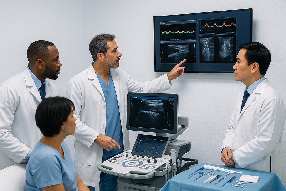 Vascular surgeon, interventional radiologist, and interventional cardiologist reviewing a vascular ultrasound together in-clinic" />Collaborative team review with onsite vascular ultrasound.